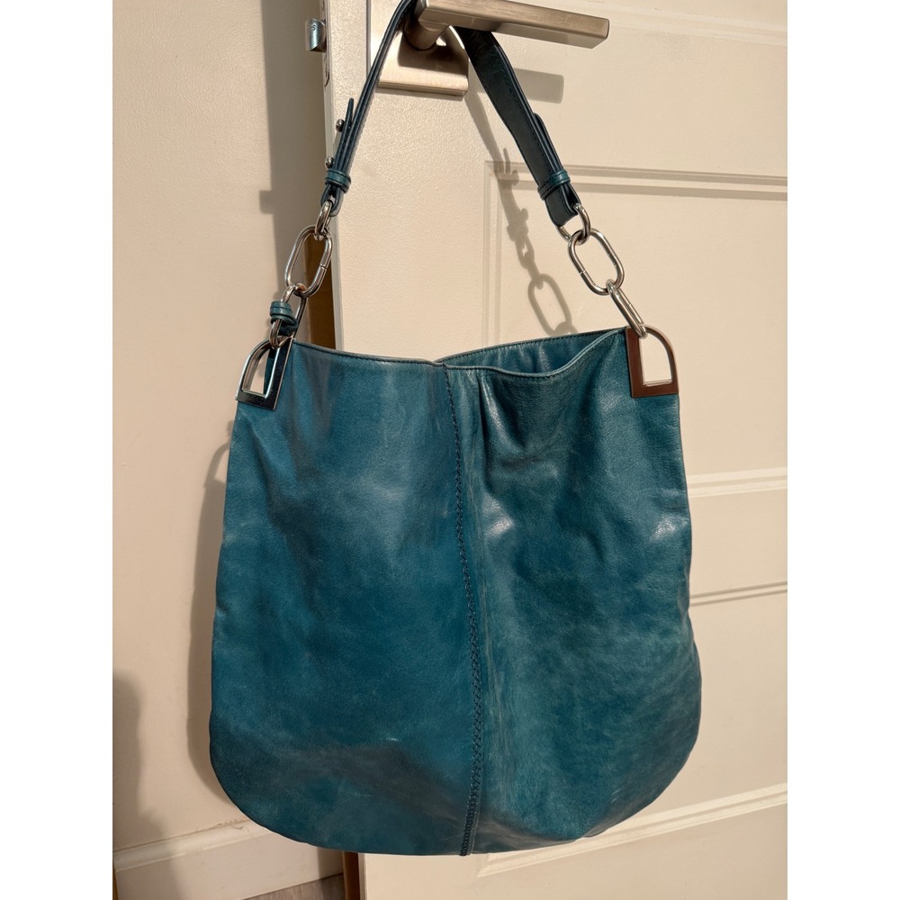 Badgley Mischka Teal Blue Leather Hobo Shoulder Bag Silver Chain Hardware